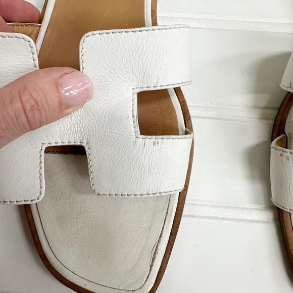 Hermès Oran Sandals White Leather H Cut Slides Flats 39 Designer Summer Shoes - Picture 4 of 8